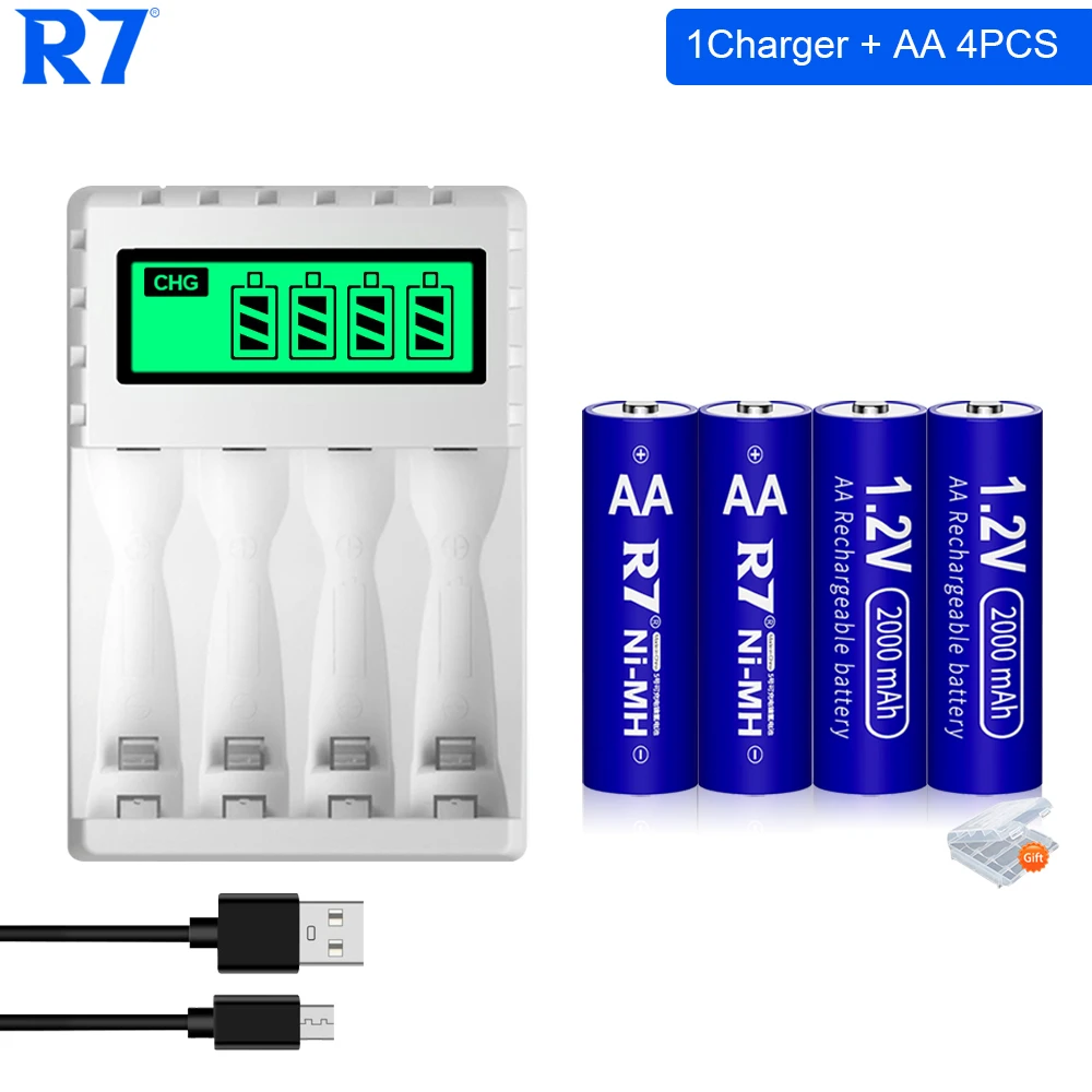 

R7 1.2V NI-MH 2000mAh AA rechargeable battery for camera toys with 4 Slots Smart battery charger for AA AAA rechargeable battery