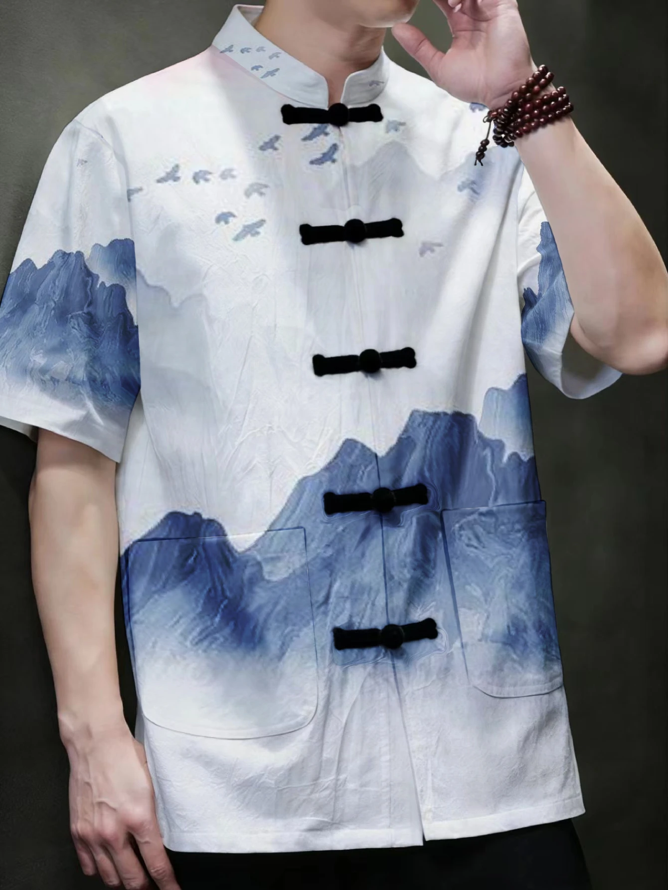 Mens Chinese Style Tang Shirt Blue Mountain Bird Print Frog Button Casual Top