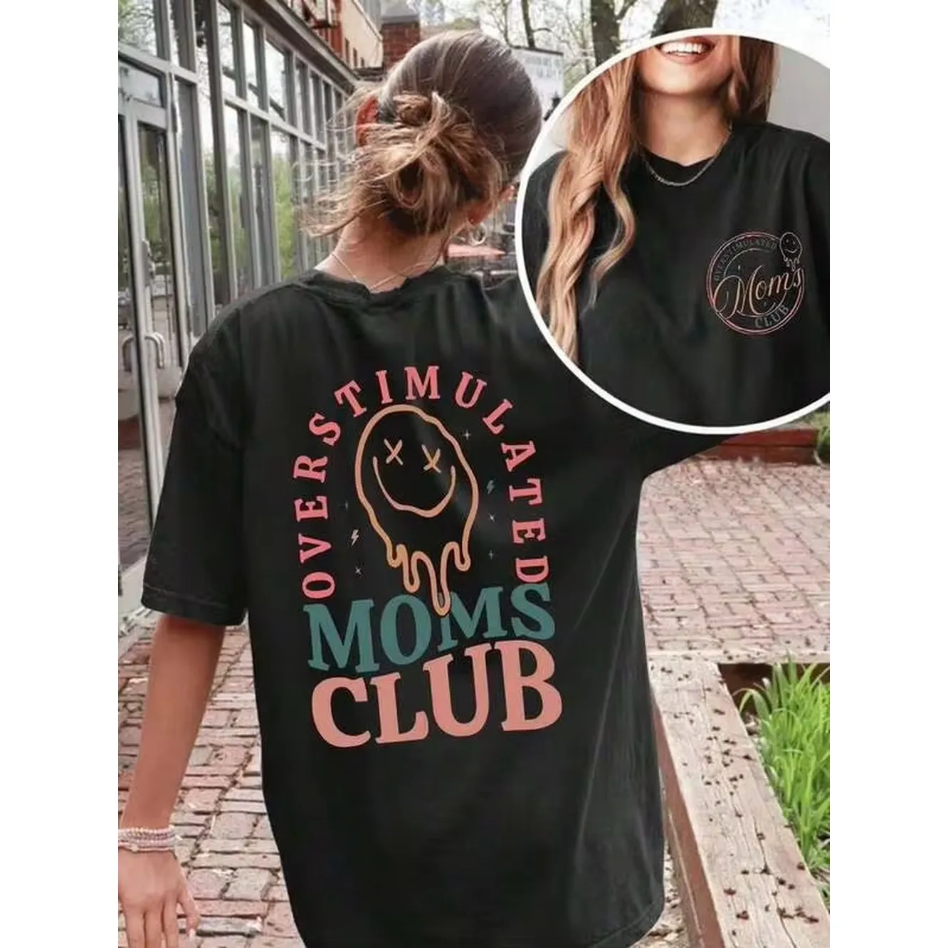 Plus Size Overstimulated Moms Club T-Shirt, Double Sided Smily Graphic Printed Tee, Y2K Summer T Shirts, T Rendy Tops For Women, Black Summer Tops