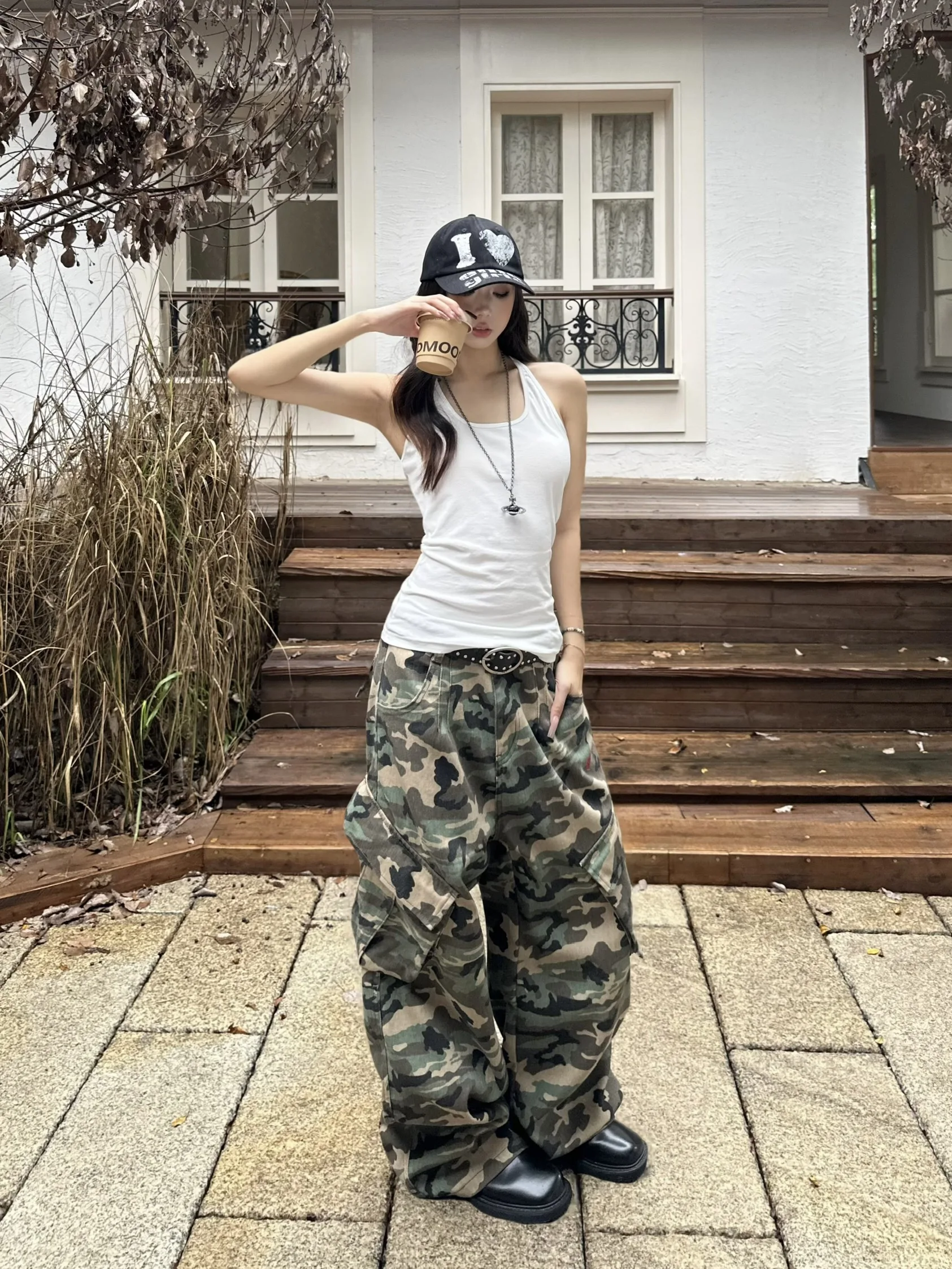 

American Retro Camouflage Wide Leg Workwear Pants Women Loose Casual Trousers Big ket Design Street Sle Cotton Blend