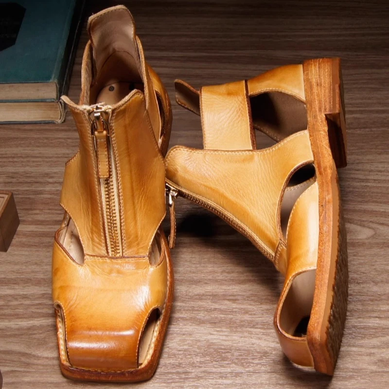 Vintage Genuine Leather Ankle Gladiator Sandals Men Square Peep Toe Front Zipper Hollow Cut‑Out Summer Beach Fashion Footwear