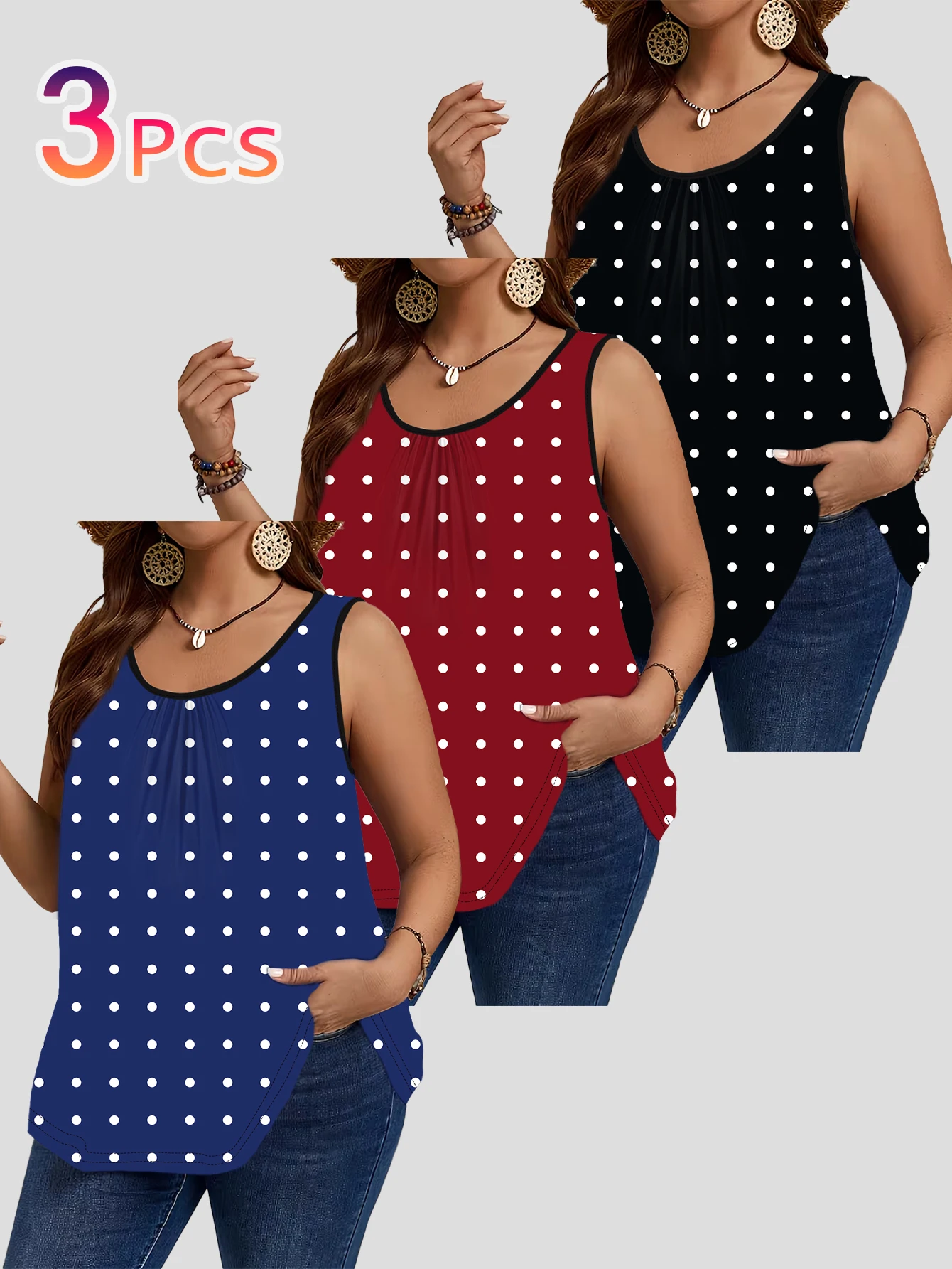 3-Piece Set of Plus-Size Sleeveless Vests|Vintage Burgundy, Navy Blue, and Black Polka Dot Print, Loose Fit, Round Neck, Casual Outerwear Top
