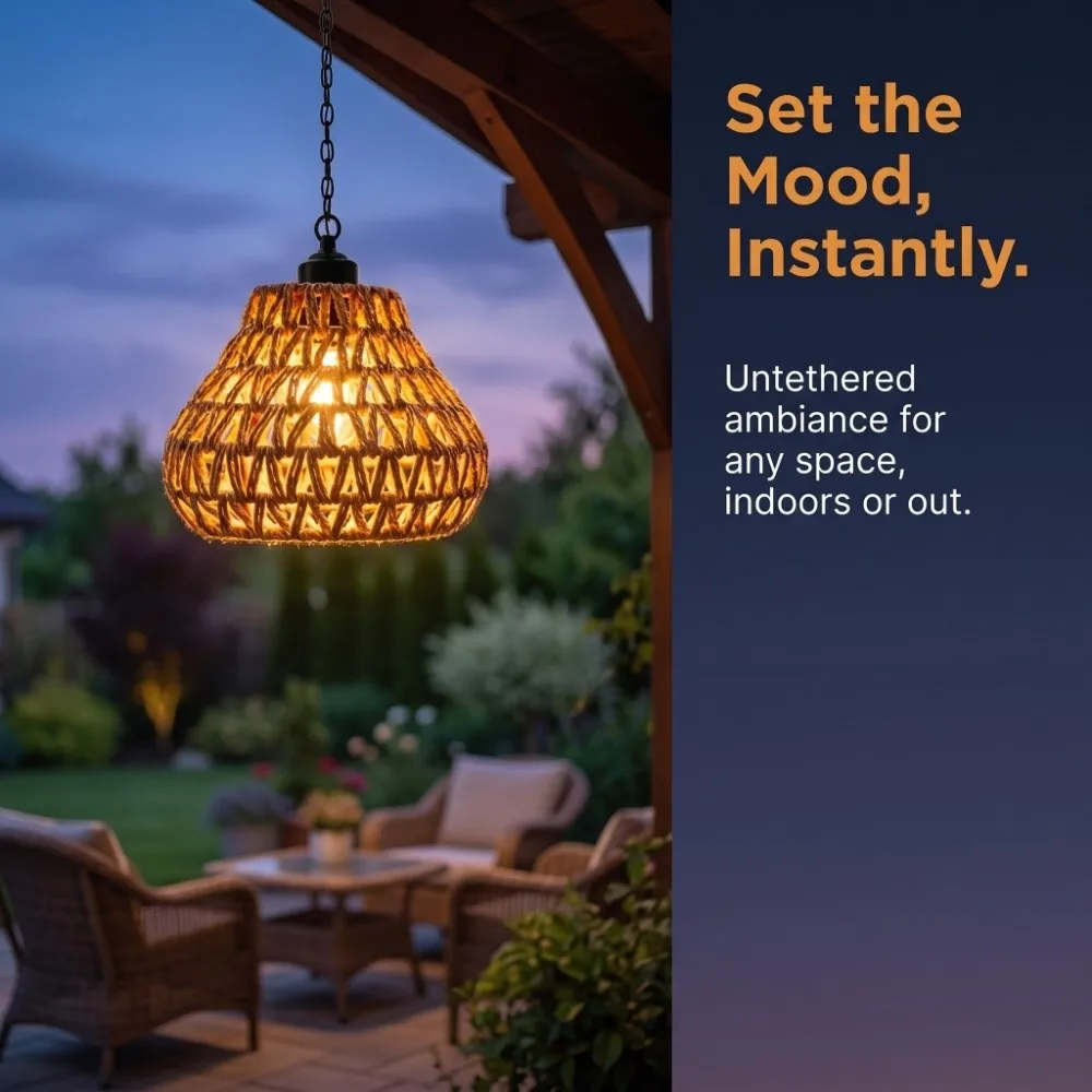 Long Iron Chain Rattan Hanging Lights Rope Woven Shade Pation Decor Rechargeable Pendant Light Hand Craft Brightness Adjustment