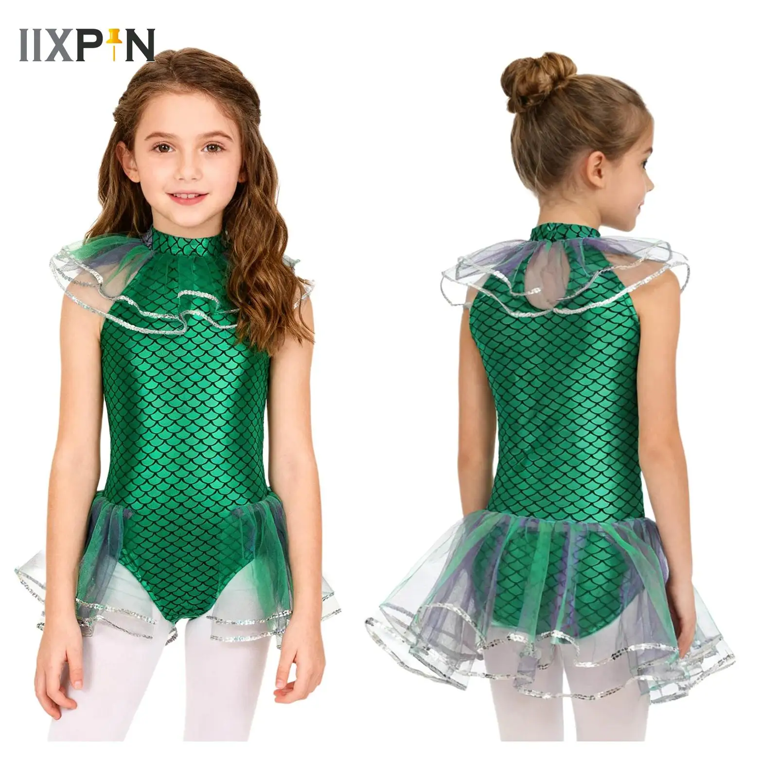 

Kids Girls Mermaid Ballet Mesh Tutu Dress Gymnastics Leotard Fish Scales Shiny Dance Performance Costume Ballerina Dancewear