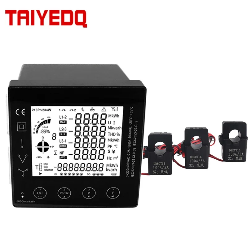 Painel de Potência Multifunções, Medidor de Energia Trifásico, Multi-Taxa Inteligente, 96x96mm, RS485 Modbus RTU, Transformador de Corrente, Conexão