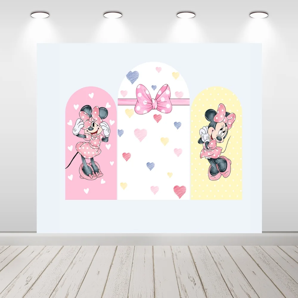 

Minnie Mouse Pink Bow Tie Arch Backdrops Cover Sweet Heart Photo Background Party Decoration Supplies Double Sides Elastic