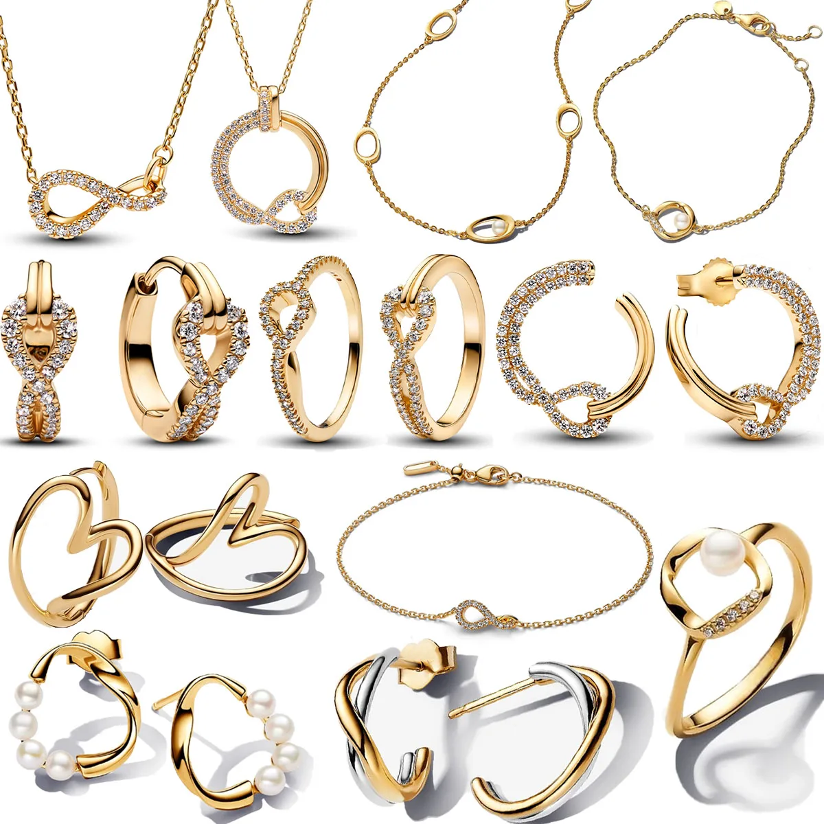 تألق 925 فضة الذهبي سحر الهندسة مجموعة أقراط اللؤلؤ خواتم القلب أساور القلائد النسائية DIY مجوهرات هدايا