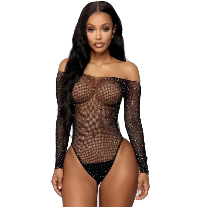 Cross-border European and American women\'s hot diamond one-piece uniform, tempting and sexy open-fit long-sleeved sexy under