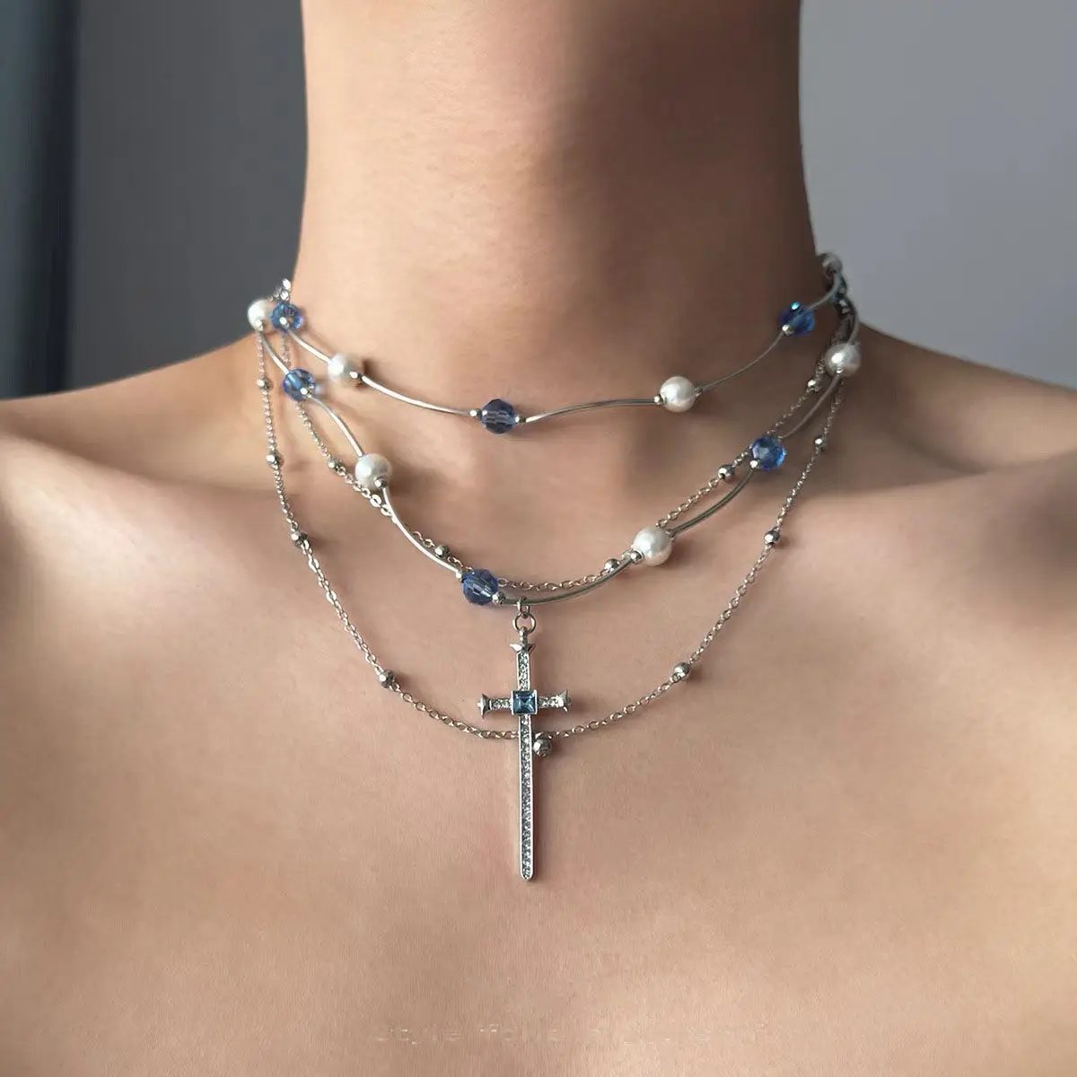 Y2k trendy and cool personalized layered necklace, cross pendant collarbone chain, blue round bead sweater chain for women