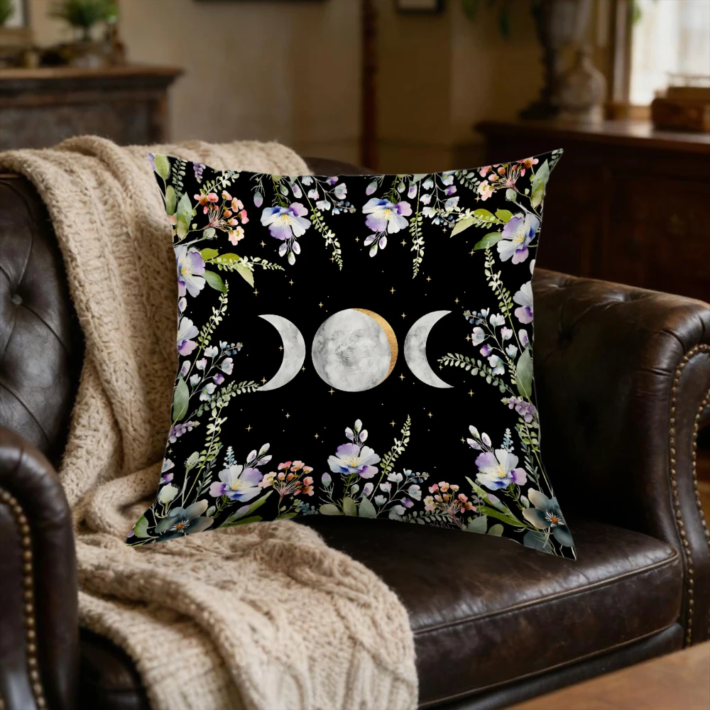 1Pc Bohemian Black Moon Phase Floral Print Cushion Cover Soft Breathable Fabric for Sofa Bed Home Decor