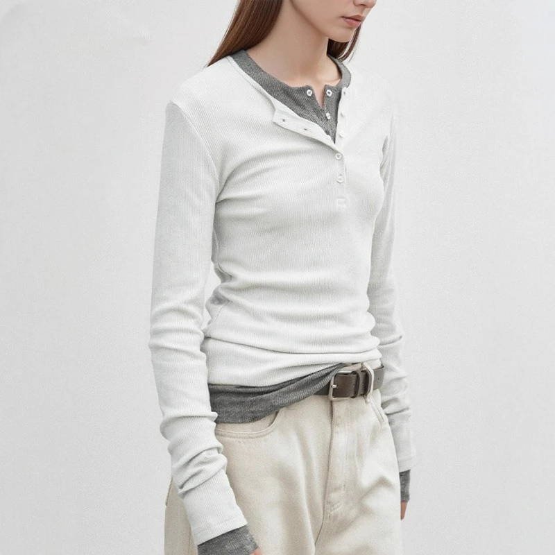 Classic Ribbed Cotton Button Front Collarless Slim Fit Long Sleeved Women's Top, French T-shirt, Spring, Summer, New, 2026