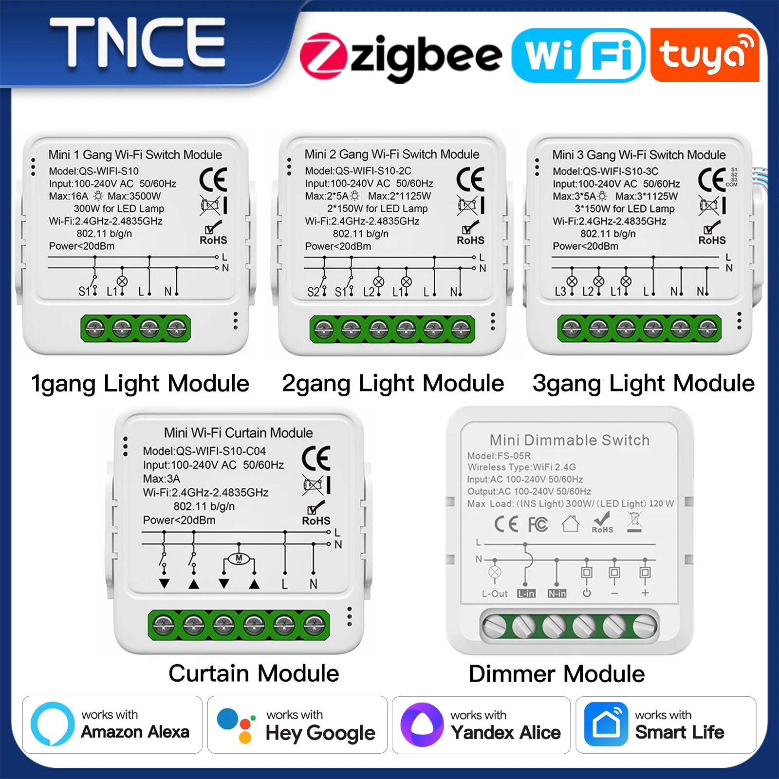 TNCE Tuya Switch Light Curtain Dimmer  WIFI Zigbee, Smart DIY MINI Module, 2-way Control Breaker, Voice with Alexa Google Home