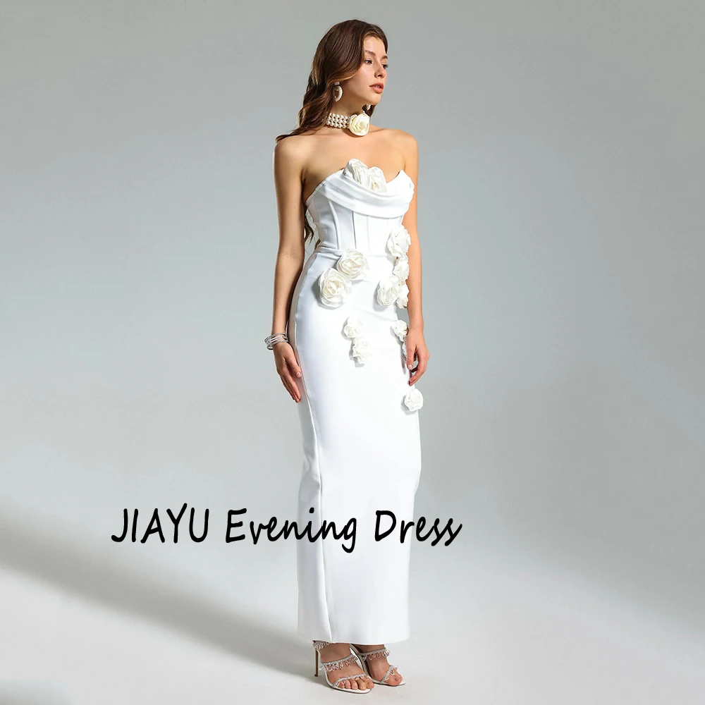 Abito da sera dritto in raso con applicazioni senza spalline personalizzate, senza schienale, con cerniera, lunghezza alla caviglia, abito da ballo alla caviglia