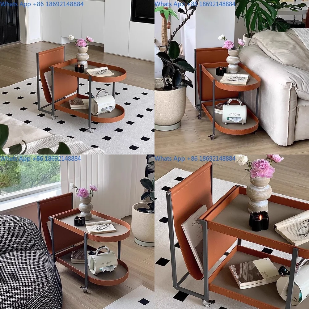 Minimalist Saddle Leather Mobile Dining Cart for Living Room Balcony Coffee Side Table Modern Small Corner Trolley