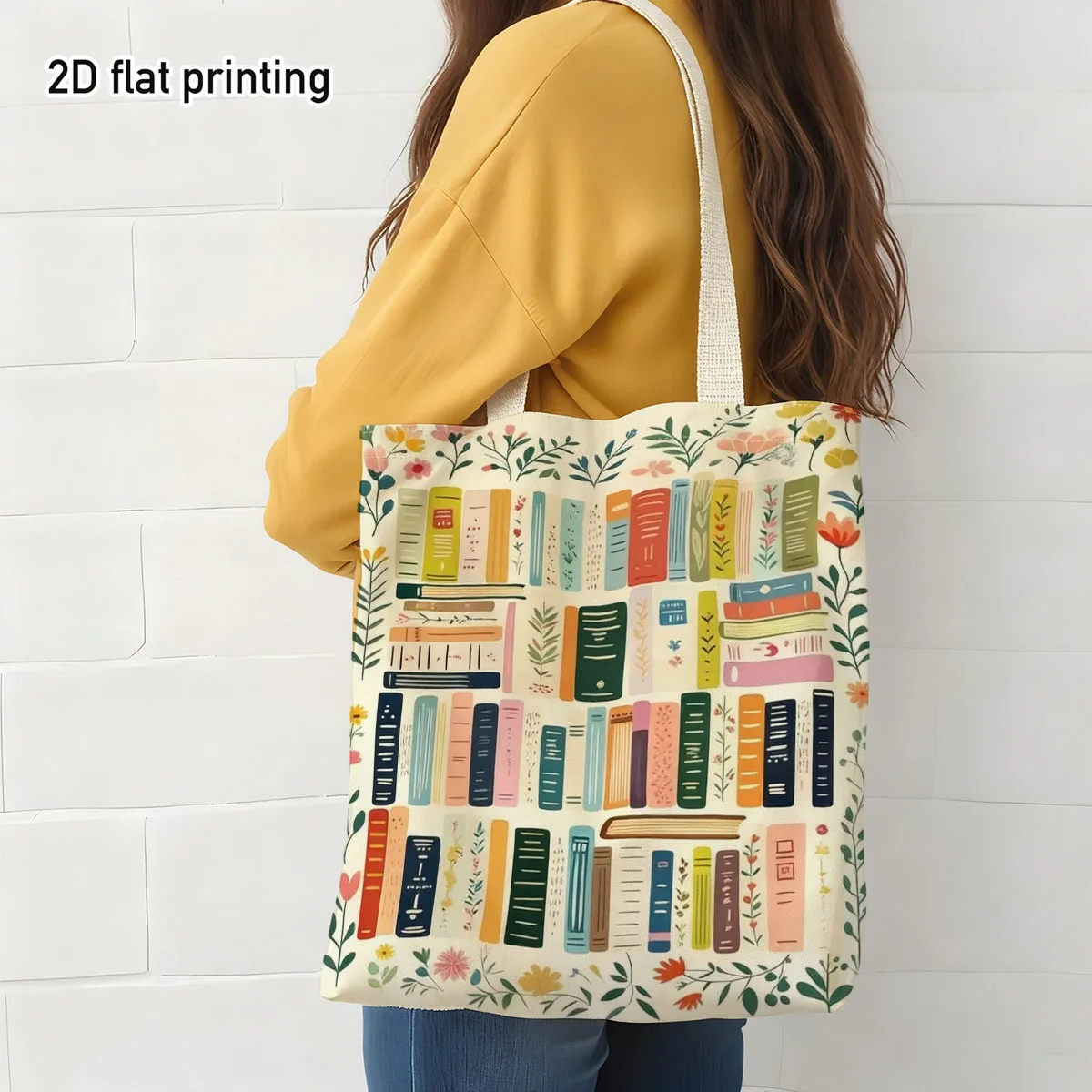 Book-Themed Tote Bag Suitable for Book Lovers & Busy Professionals, Reusable Grocery Bag with Book & Floral Print, Handbag