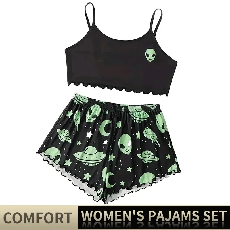 Summer Sleepwear Women Pajamas Set Alien Pattern Printed Sports Camisole Tops and Shorts Casual Loungewear