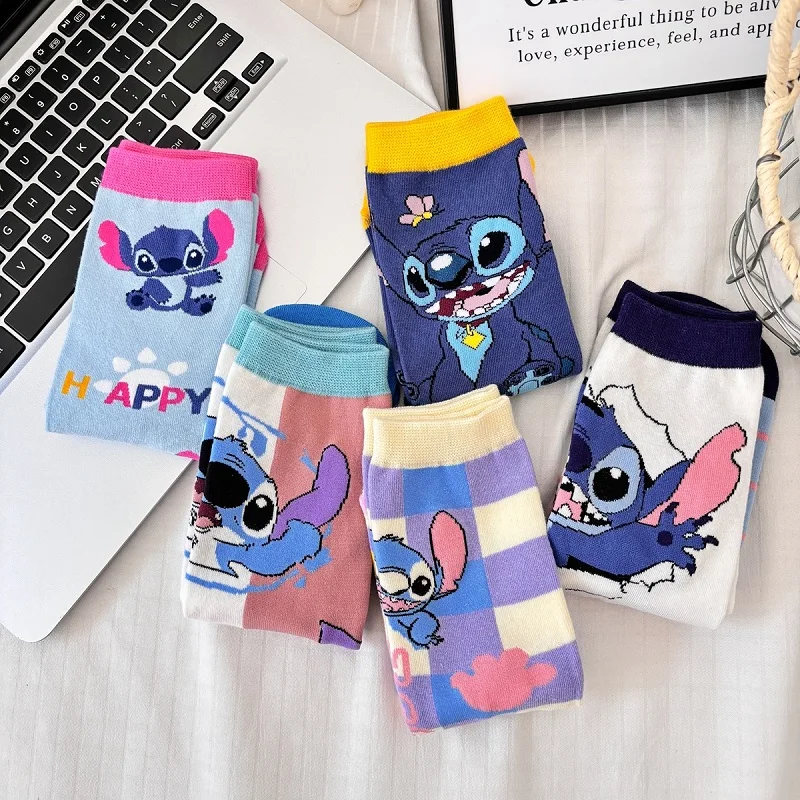 5 Pairs Cartoon Stitch Women socks cotton comfortable Anime socks crew socks Casual happy funny socks Size 34-42