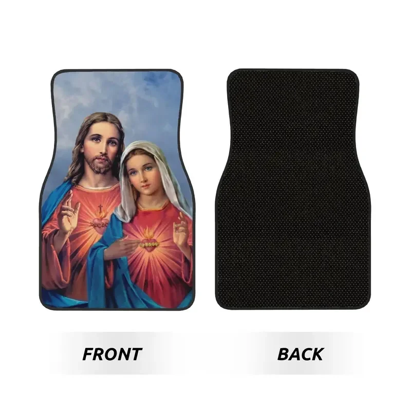Sacred and Immaculate Hearts 4PCS Car Floor Mats Set  Universal Front Rear Foot Mats Catholic Jesus and Mary Protection Mat