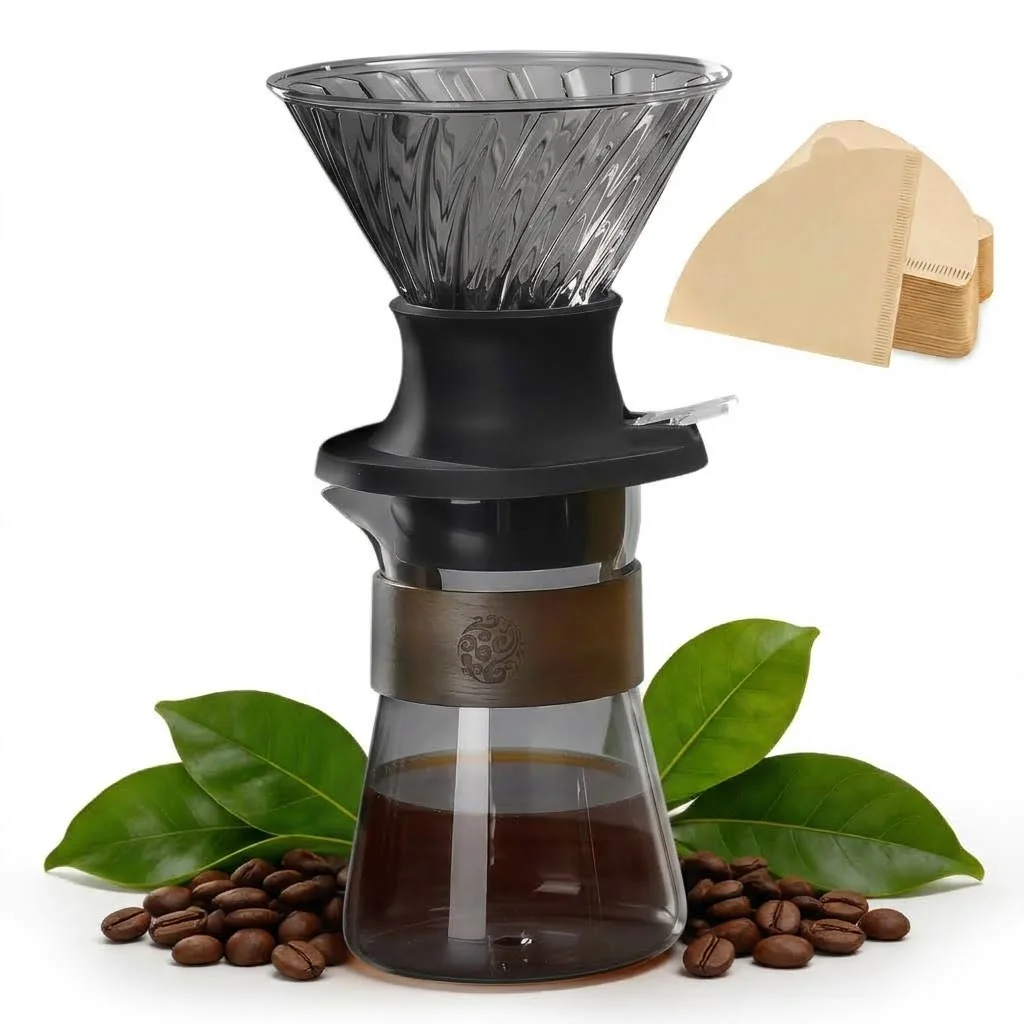 Immersion Pour Over Coffee Dripper and 17 oz Carafe Set, with Shut-Off Valve with Unbleached Cone Filters for Home & Office