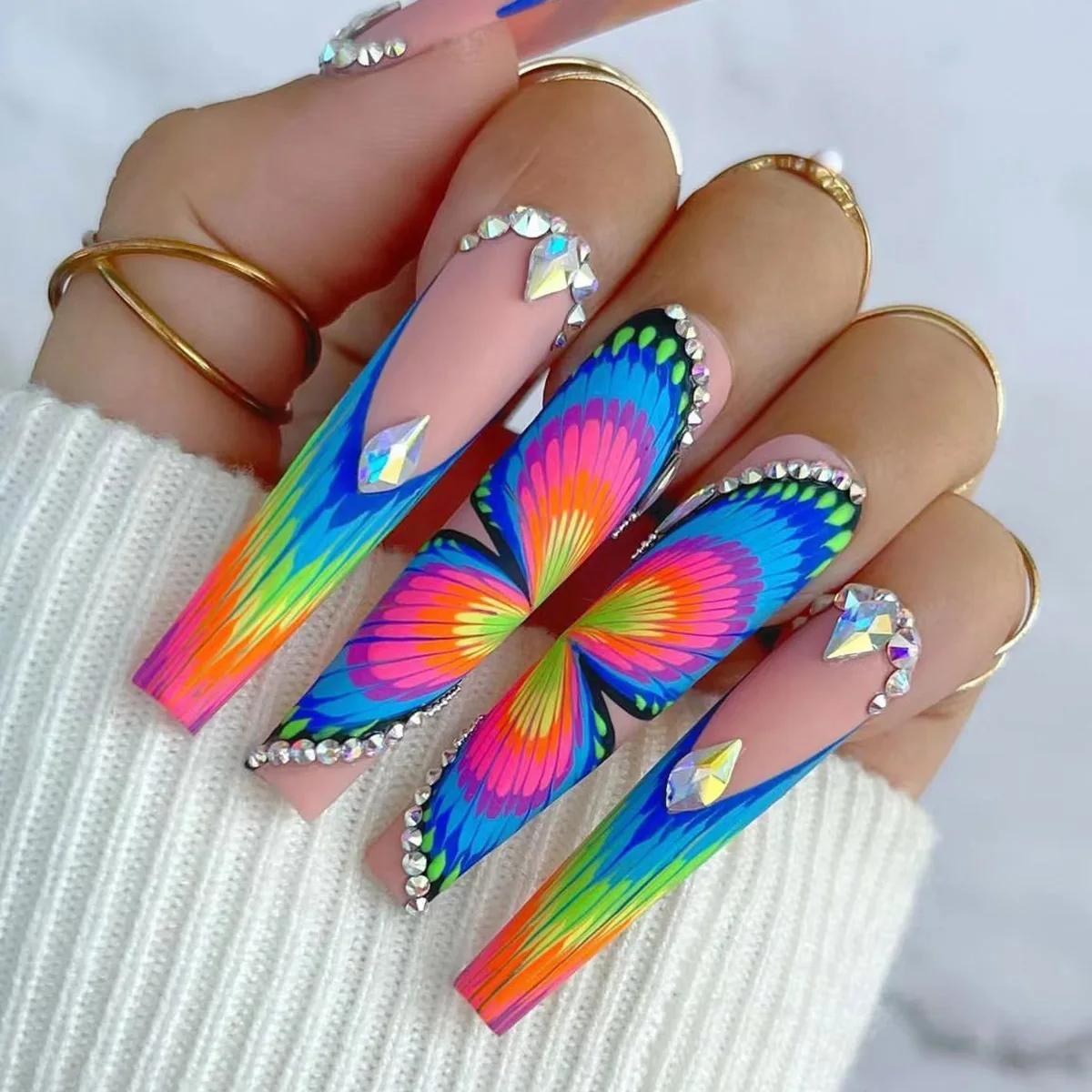 

24Pcs Long Coffin Butterfly Rainbow Artificial Nail Diamond Decorated Gradient Fake Nail press on nails