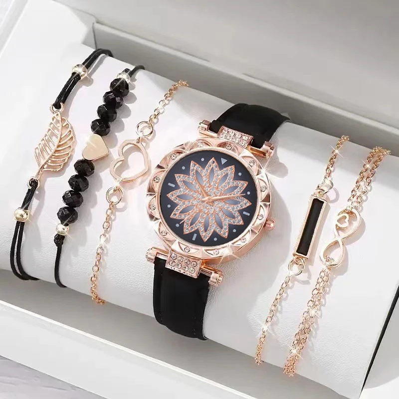 مجموعة ألماس فاخرة بنمط الزهور الخفيفة من Fashion Trend للنساء مجموعة سوار ساعة كوارتز مكونة من 6 قطع، مناسبة لعيد الميلاد والشكر