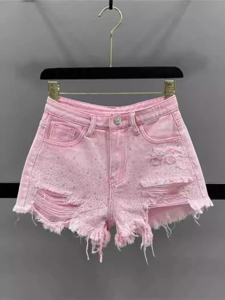 American Style Rhinestone Denim Shorts Women Summer High Waist Hole Raw Edge Hot Pants Sexy Slim All-matched Short Jeans