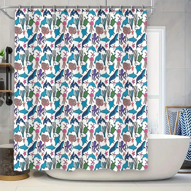 

Ocean Sea Life Shower Curtain Tropical Fish Blue Whale Coral Pattern Waterproof Bathroom Decor Beach Theme Fabric