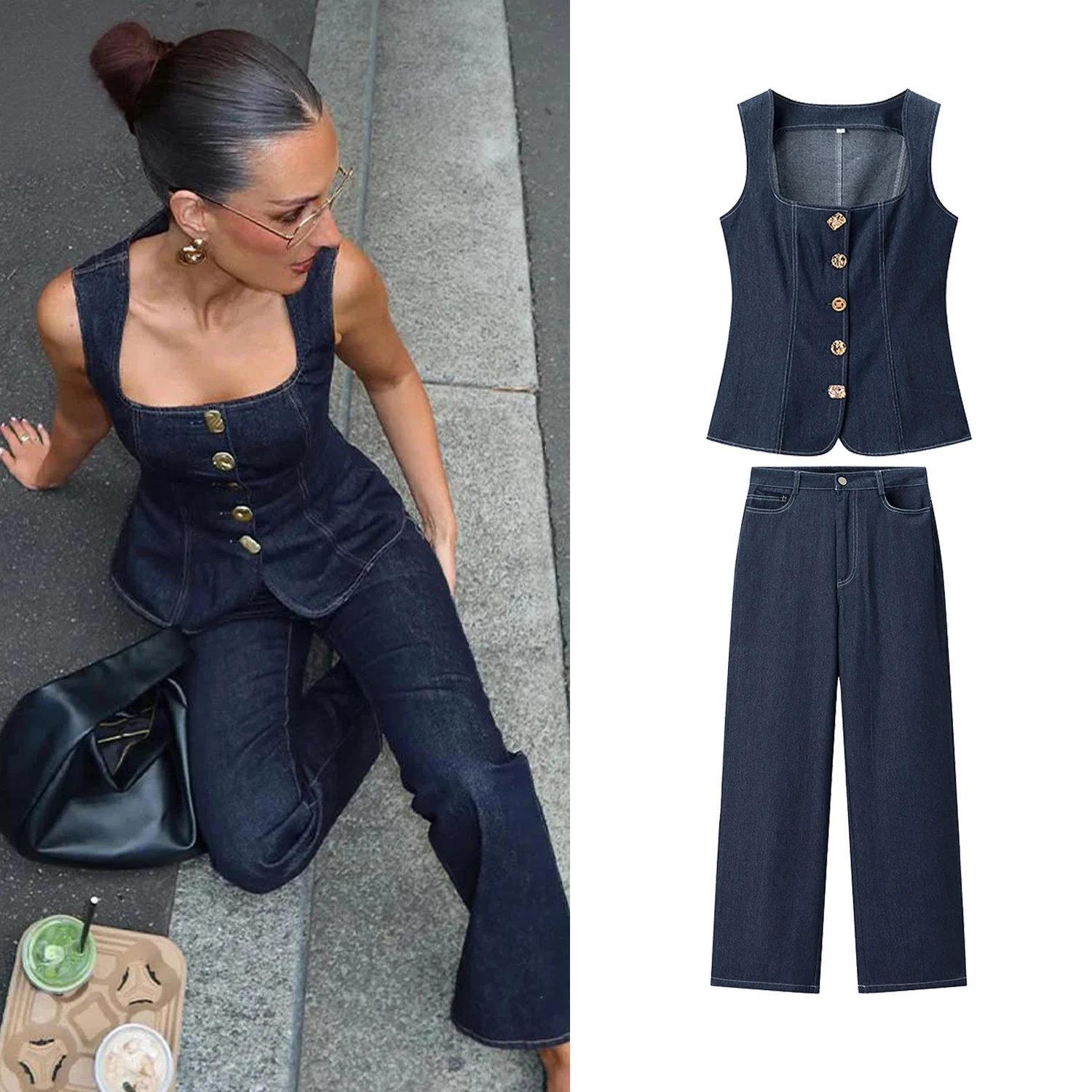 Frauen Straße Denim Weste Hosen Sets Weibliche Dünne Quadrat Kragen Ärmellose Einreiher Tops Oder Hohe Taille Jeans Lange Hosen