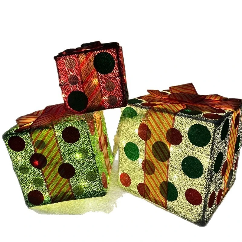 

Christmas decorative gift box three-piece stacking ornament wrought iron gift box luminous Christmas atmosphere decorative props