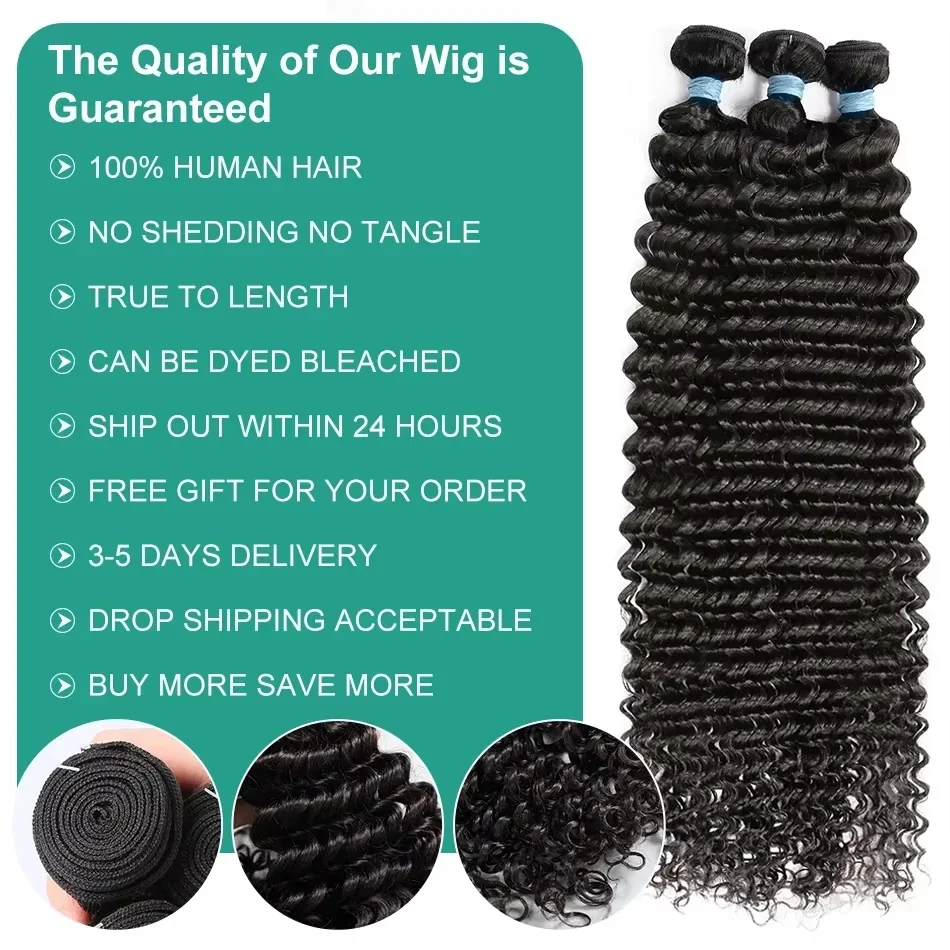 30 32 36 40 Inch Deep Wave Human Hair Bundles Brazilian Remy Unprocessed Weaving Curly Hair Bundles Weave Extensions Deals