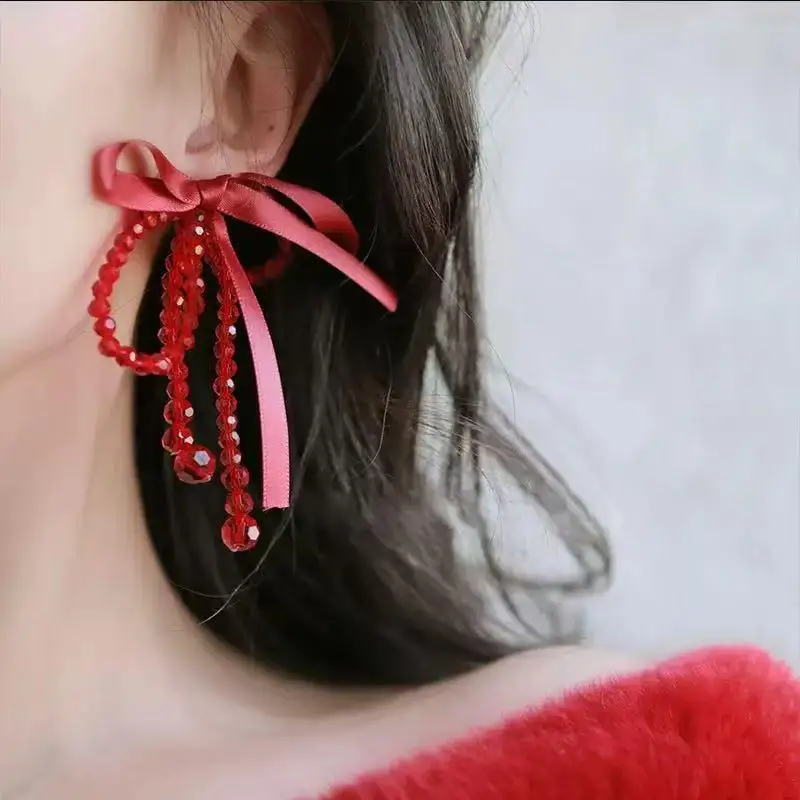 Minimalist Lucky Red Ribbon Knot Earrings Long Tassel Drop Statement Dangle Earrings for Women Casual Wear Jewelry