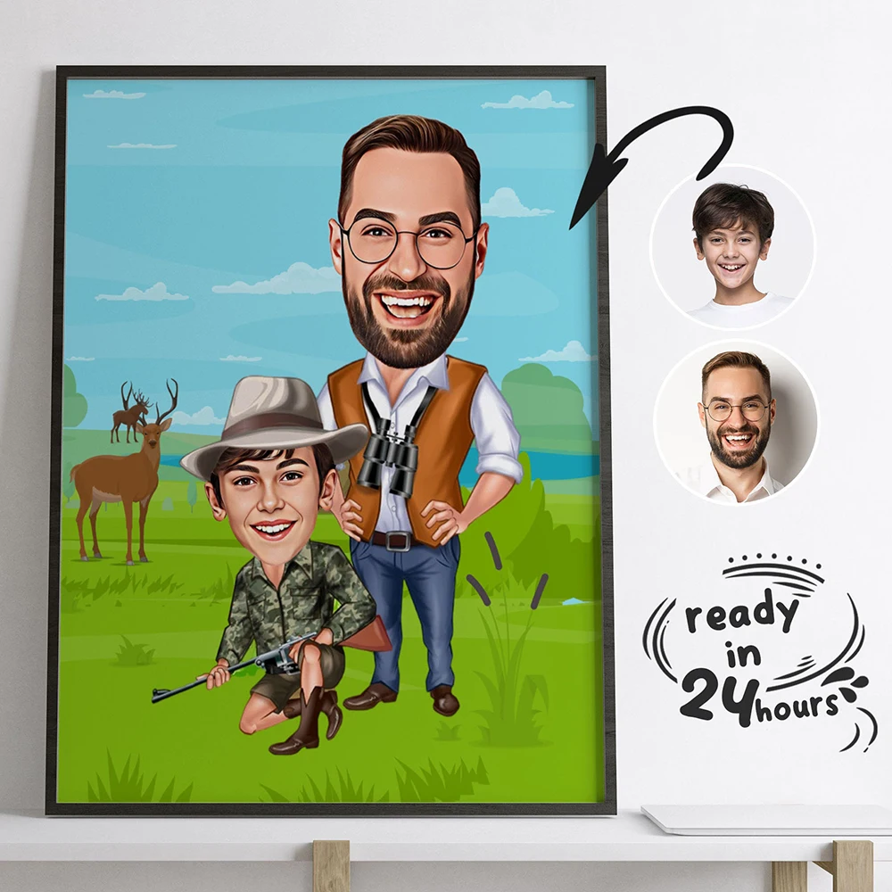 

Father and Son Hunter Caricature Cartoon Personal Wall Art Poster And Prints Picture Canvas Painting Decoration Home for Bedroom