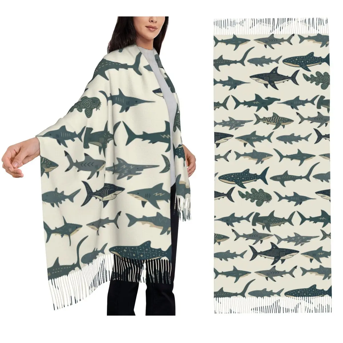 

Химерный шарф с рисунком акулы, шарфы с кисточками для женщин, мягкие теплые шали и накидки, длинная осенне-зимняя шаль