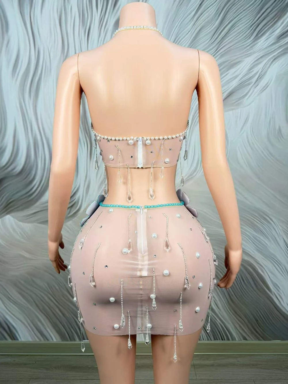 Sparkly Rhinestones Pearls Top Mini Skirt Two Pieces Set Sexy Transparent Celebrate Evening Prom Birthday Dress Photo Shoot Wear view 4
