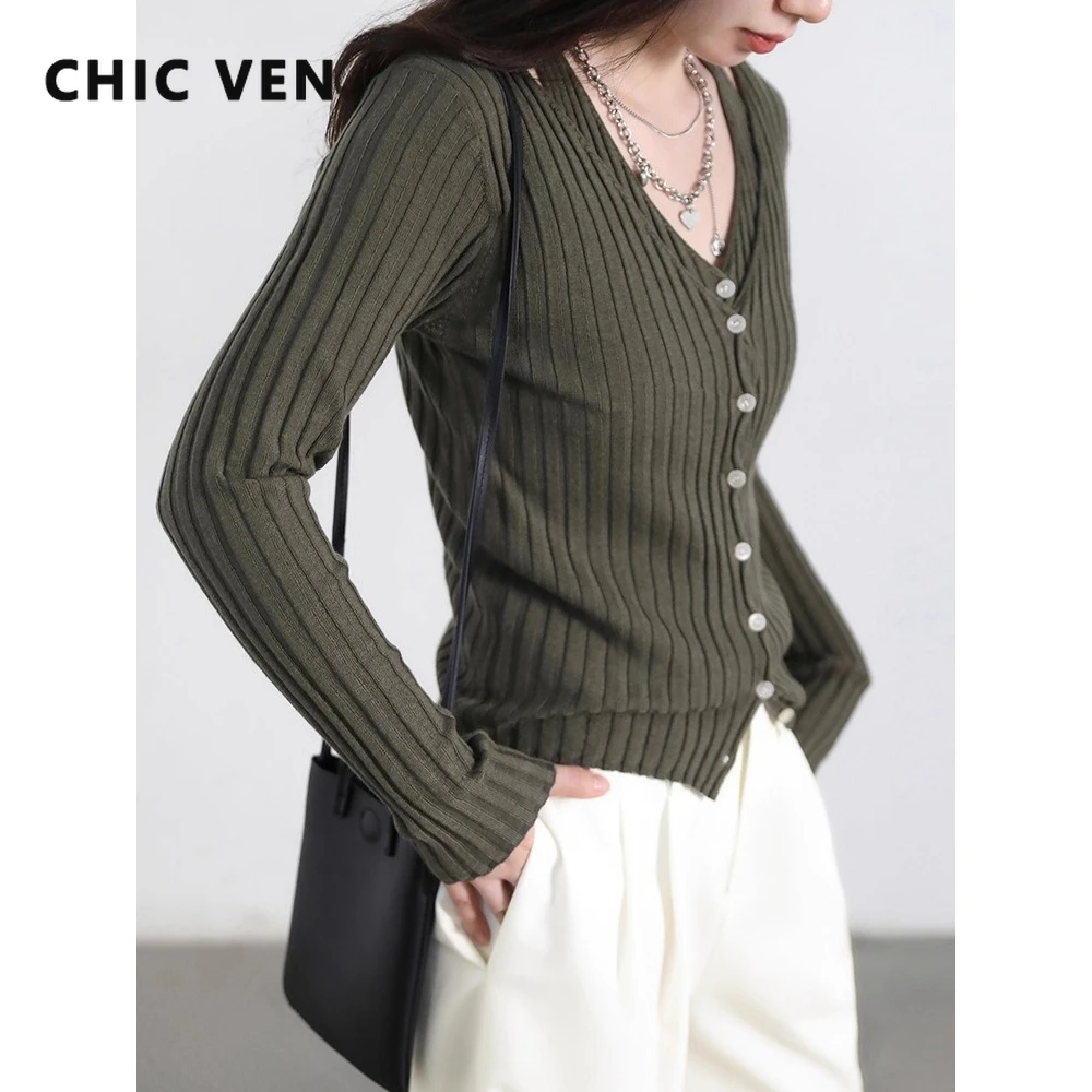 CHIC VEN Fashion Women Cardigan Retro New V-neck Pit Stripe Knitted Sweater Slim Fit Long Sleeved Female Top Spring Autumn 2025