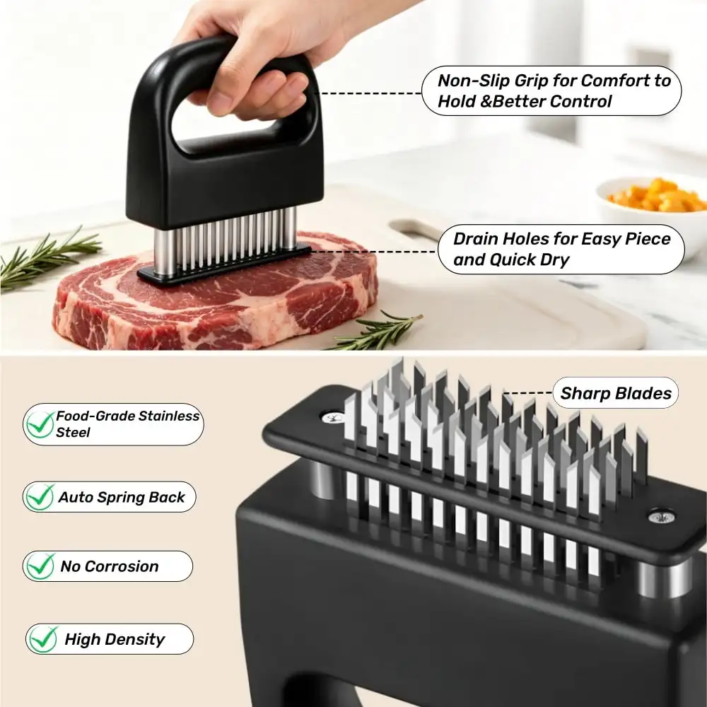 Meat Tenderizer with 48 Stainless Steel Ultra Sharp Needle Blades Heavy Duty Cooking machine for Tenderizing Beef, Turkey, Chicken, Steak, Veal, Pork, Fish etc