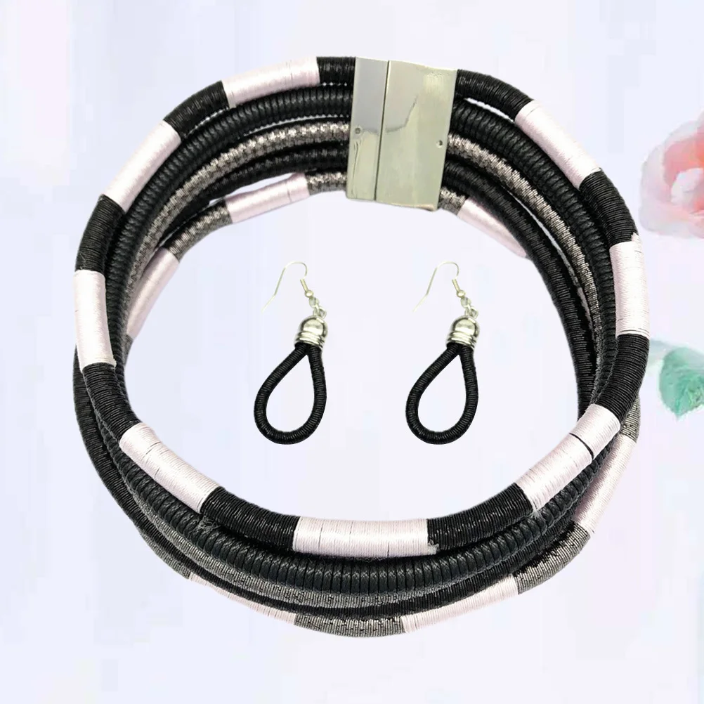 

1 Set Multilayer Weaving Necklace Earrings Set Black African Style Handcrafted Jewelry For Women Party Beach Daily Wear Gift