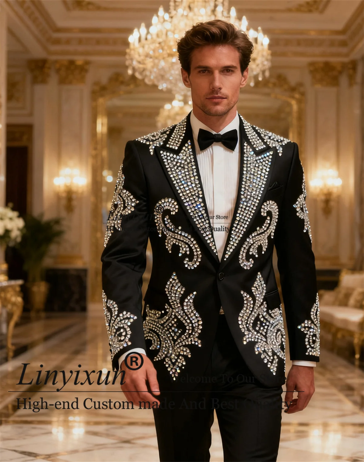 

High End Crystals Diamond Men Suits 2 Pieces Sets Wedding Party Tuxedos Customized Groom Slim Fit Prom Blazers Ropa Hombre