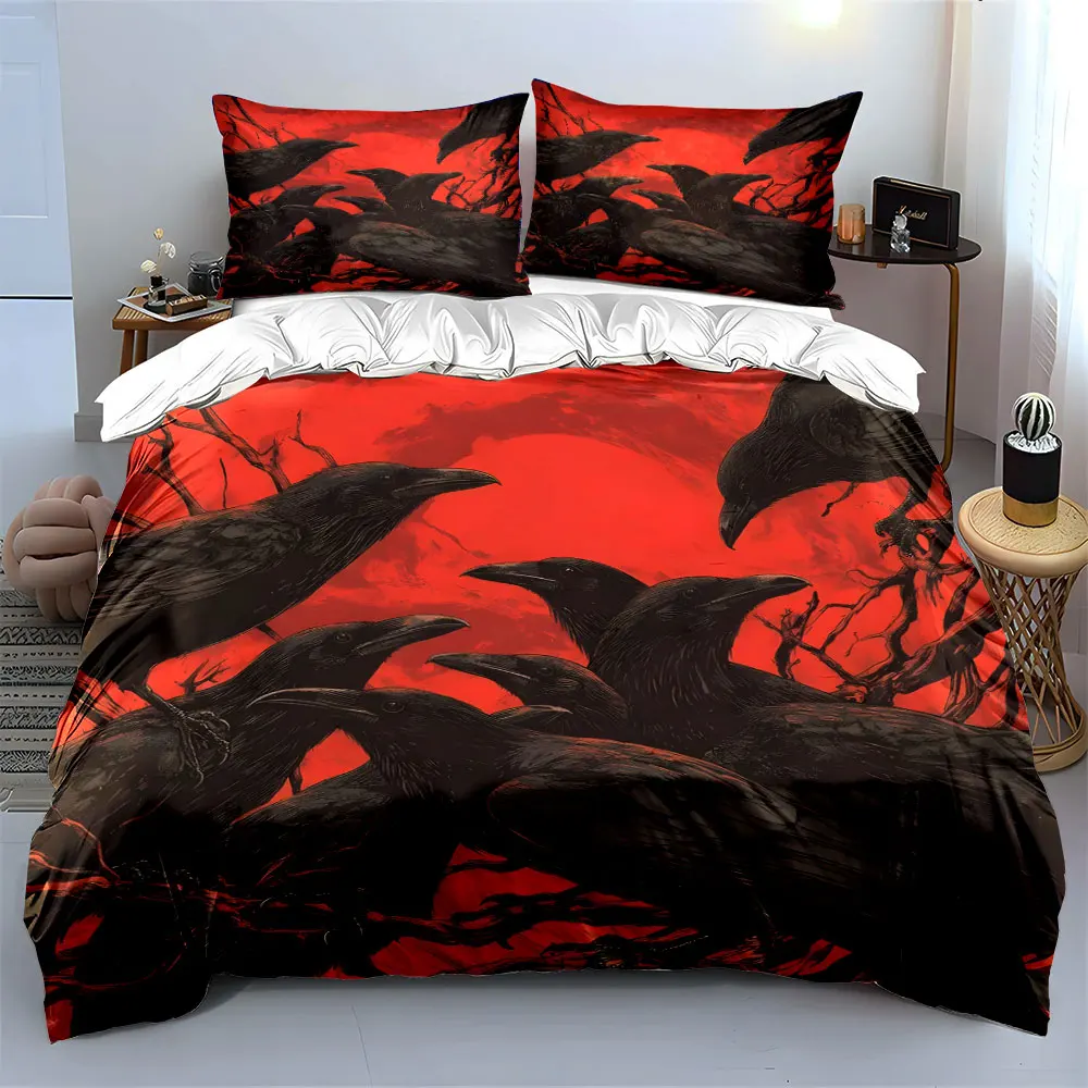 Dark crows gather on withered branches Pattern Duvet Cover Set Digital Print Colorful Polyester Bedding with Zipper Closur gifts