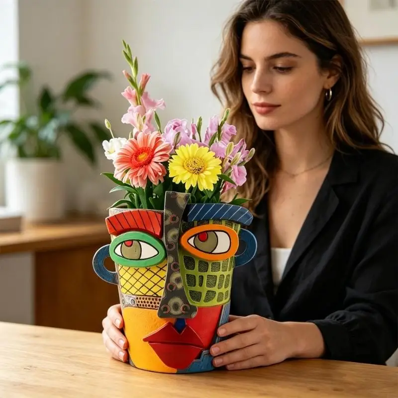 Artistic Woman Face Resin Container Various dyes Handmade Pot For Indoor Plant Accent J0MC