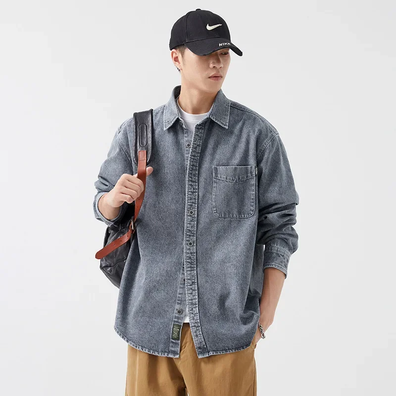 Japanese Style Denim Shirt Men Causal Workwear Loose Jean Shirts Size 4XL Spring Autumn Mens Long Sleeve Shirt Vintage Clothes