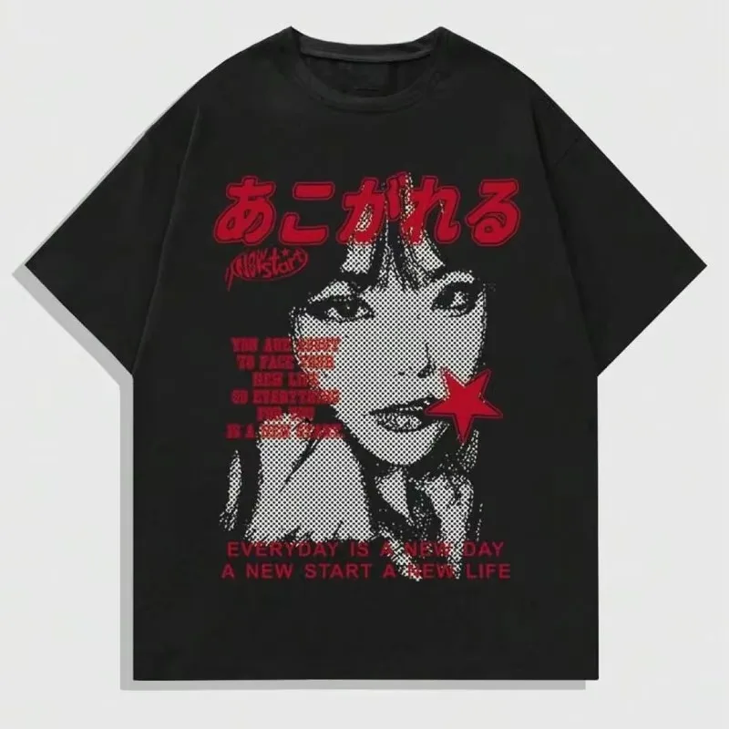 Halftone Girl Portrait Red Star Japanese Text Punk Harajuku  Graphic Tee Cotton Mens Womens T-Shirt Y2K Streetwear