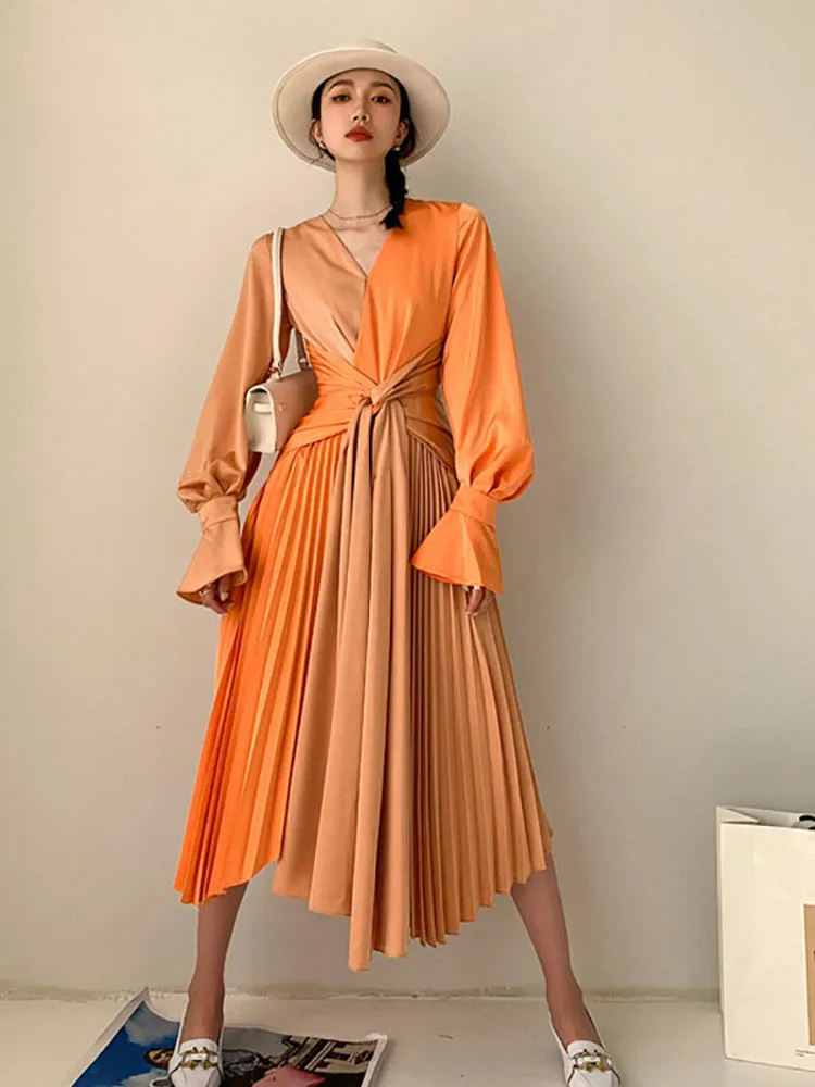 VKBN-Long Sleeve Patchwork Dress for Women, Party Night, Empire, Elegant, Spring, Autumn, Fashion, 2024