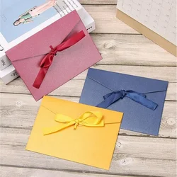 10Pcs/Set Retro Pearlescent Paper Envelope Bow Thick Ribbon Creative Color Greeting Card Bags for Wedding Invited Gift Postcards