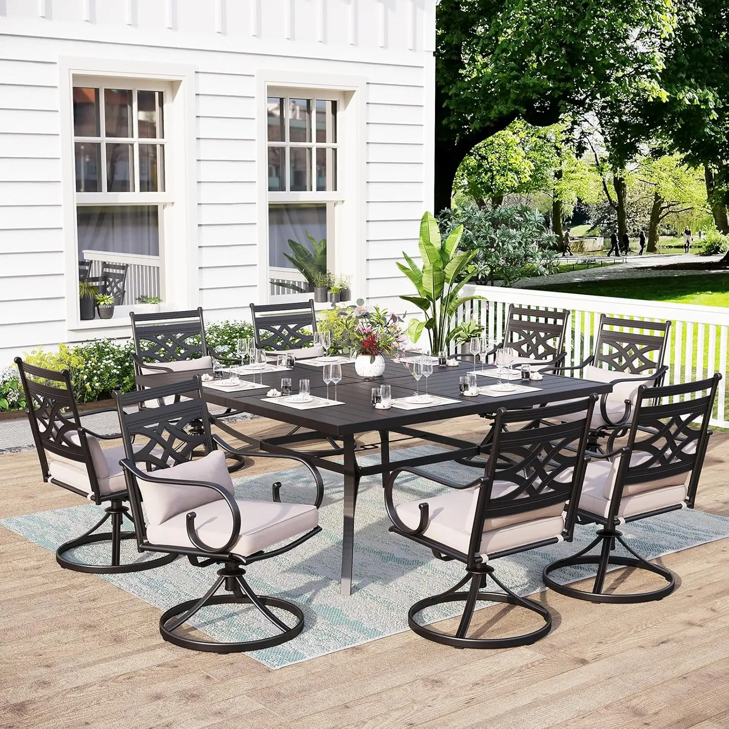 

！@Dwoo Modern Design Outdoor 8 Pieces Dining Sets Patio Table Chairs Set with Umbrella Hole