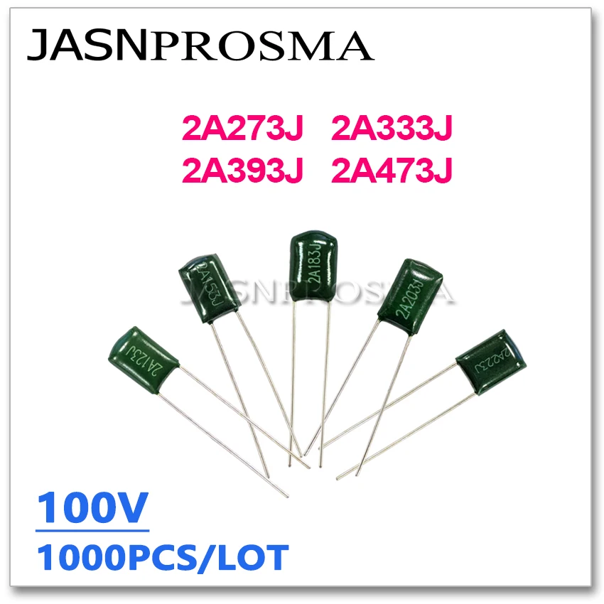 JASNPROSMA 1000PCS 100V 2A273J 2A333J 2A393J 2A473J 27NF 33NF 39NF 47NF 273J 333J 473J 2A 5% โพลีเอสเตอร์ตัวเก็บประจุฟิล์มโพลีเอสเตอร์