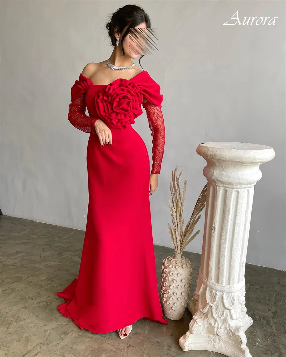 Personalizado exquisito rojo flores hechas a mano vestido para ocasiones especiales vestido de fiesta de manga larga fuera del hombro vestido de noche con cuello barco