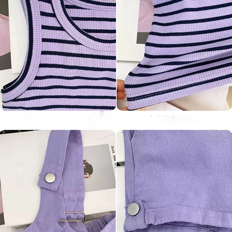 Girls\' Clothing Sets 2023 Summer New Children\'s Fashionable Baby Girl Stripe Sleeveless Tank Top+ Strap Pants Two Piece Set