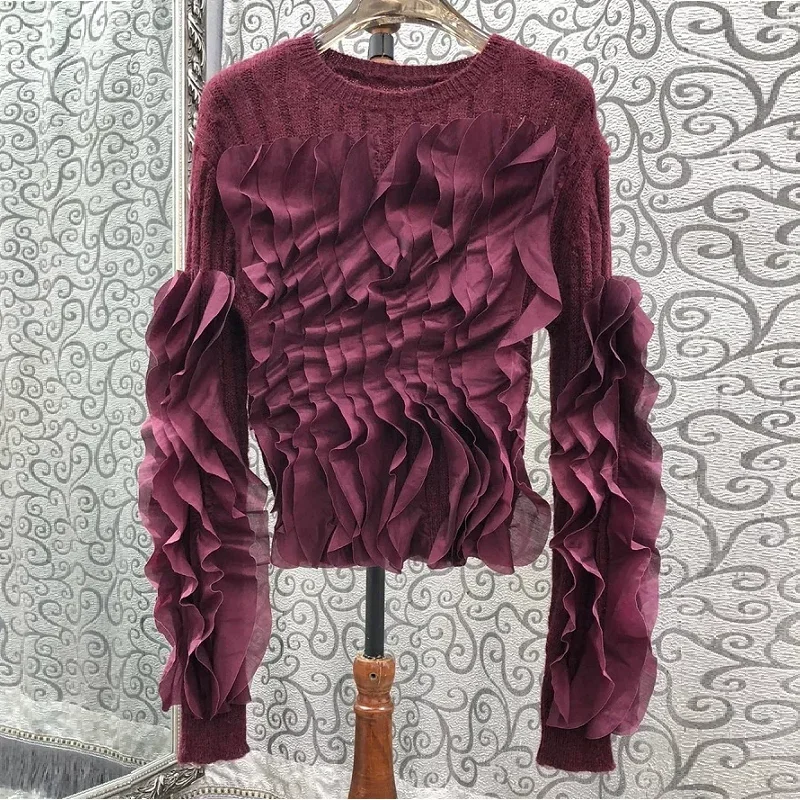 High Quality New Sweaters 2024 Autumn Winter Jumpers Ladies Ruffle Flower Knitted Long Sleeve Wine Red White Black Soft Jumper