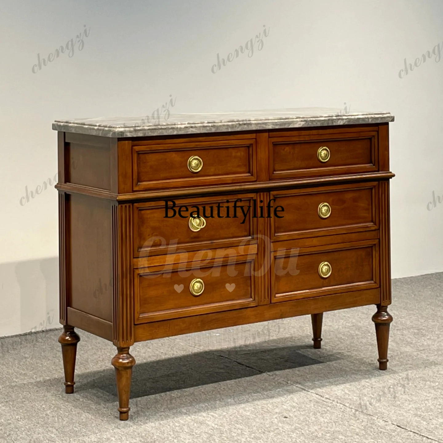 

Retro solid wood chest cabinet American light luxury door cabinet living room marble dining side high-end drawer cabinet